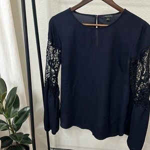 J Crew - Navy Blouse with Cutout Open Embroidered Puff Sleeve